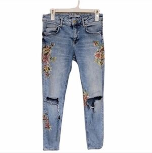 ZARA Z1975 Floral Print Distressed Denim Jeans Cropped Raw Hem